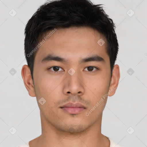 Neutral asian young-adult male with short  brown hair and brown eyes