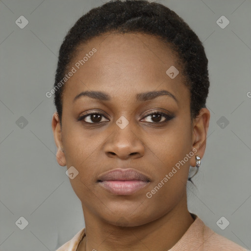 Neutral black young-adult female with short  brown hair and brown eyes