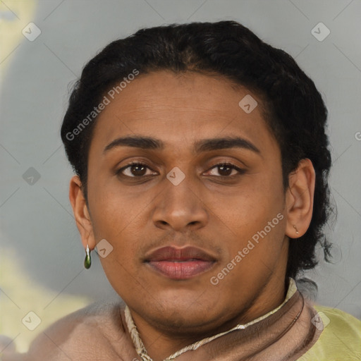 Joyful latino young-adult female with short  brown hair and brown eyes