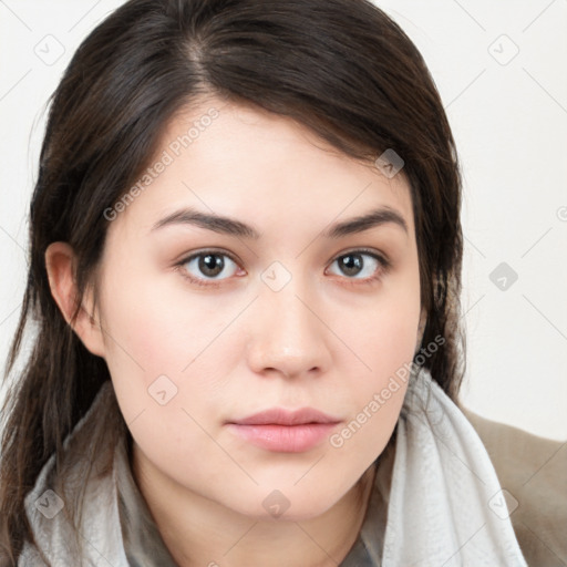 Neutral white young-adult female with medium  brown hair and brown eyes