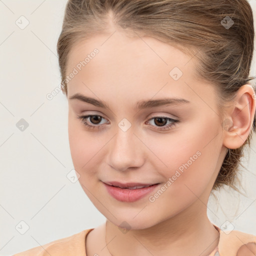 Joyful white child female with medium  brown hair and brown eyes