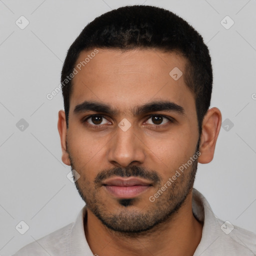Neutral latino young-adult male with short  black hair and brown eyes