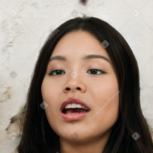 Joyful white young-adult female with long  black hair and brown eyes