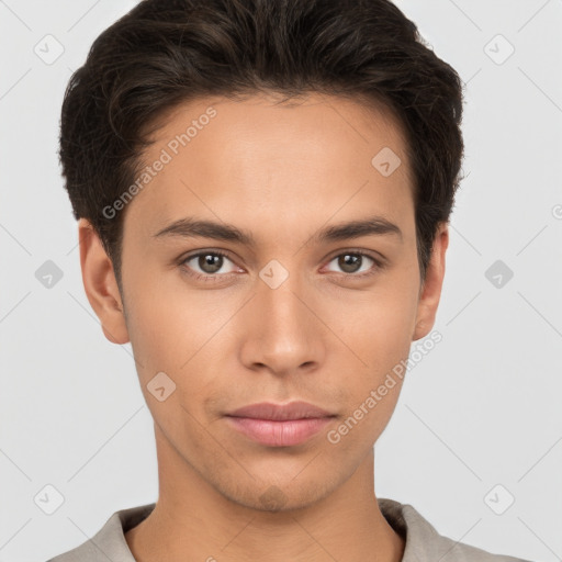 Neutral white young-adult male with short  brown hair and brown eyes