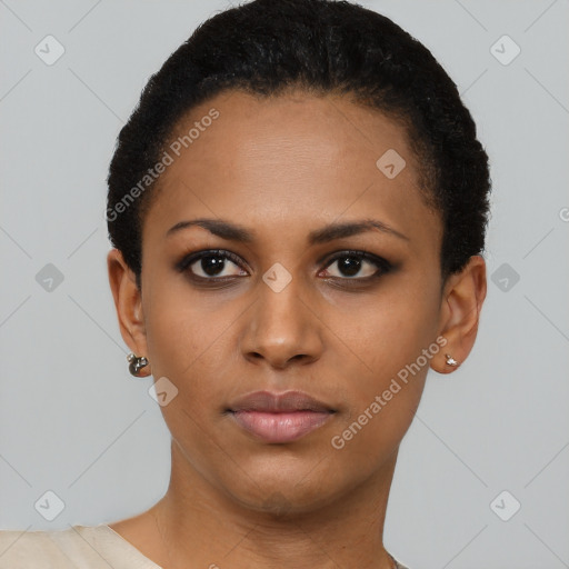 Neutral black young-adult female with short  black hair and brown eyes