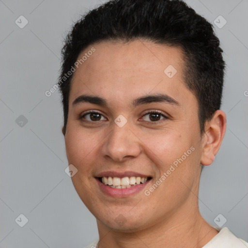 Joyful white young-adult female with short  brown hair and brown eyes