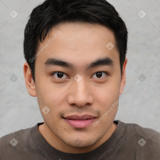 Joyful asian young-adult male with short  black hair and brown eyes