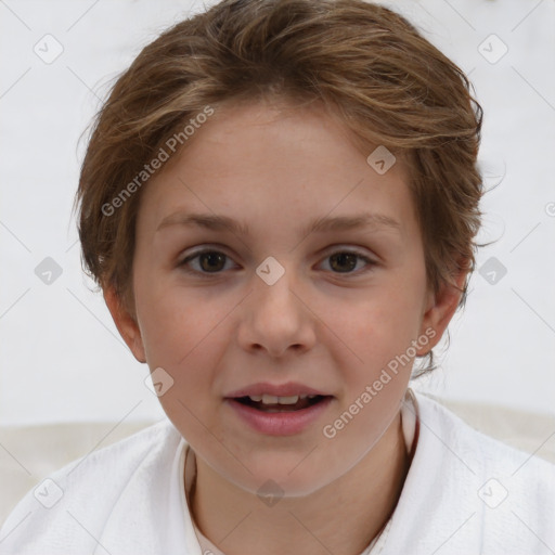 Joyful white child female with short  brown hair and brown eyes