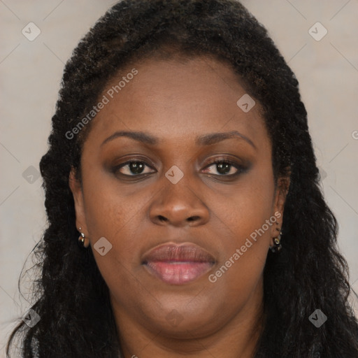 Joyful black young-adult female with long  brown hair and brown eyes