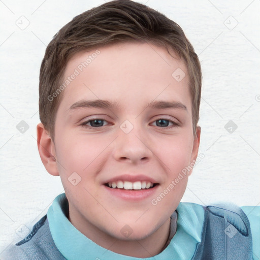 Joyful white child male with short  brown hair and grey eyes