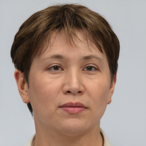 Neutral white adult female with short  brown hair and brown eyes