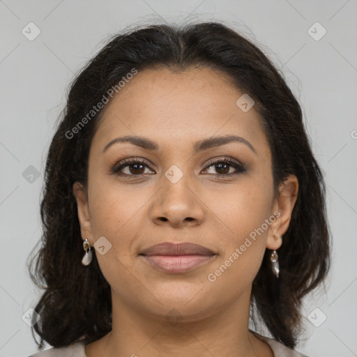 Joyful latino young-adult female with long  brown hair and brown eyes