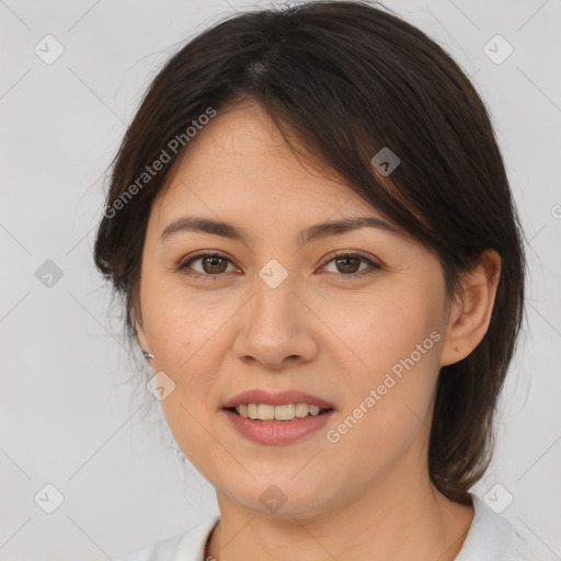 Joyful white young-adult female with medium  brown hair and brown eyes