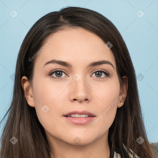 Neutral white young-adult female with long  brown hair and brown eyes