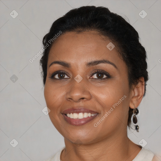 Joyful latino young-adult female with medium  black hair and brown eyes