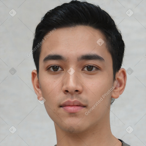 Neutral asian young-adult male with short  black hair and brown eyes