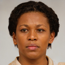 Neutral black young-adult female with short  brown hair and brown eyes