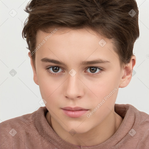 Neutral white young-adult female with short  brown hair and brown eyes