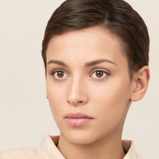 Neutral white young-adult female with short  brown hair and brown eyes