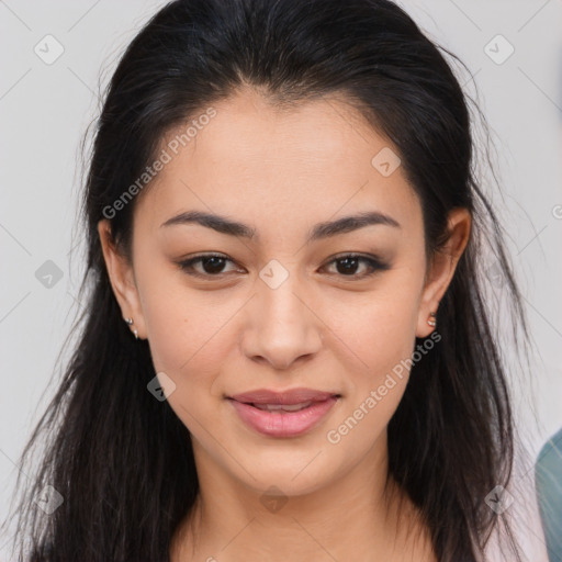 Joyful asian young-adult female with long  brown hair and brown eyes