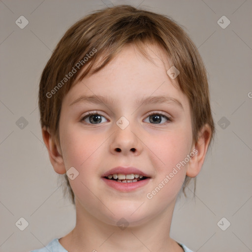 Joyful white child female with medium  brown hair and brown eyes