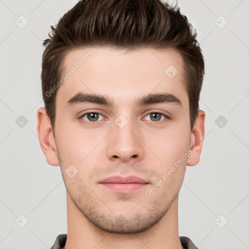 Neutral white young-adult male with short  brown hair and brown eyes