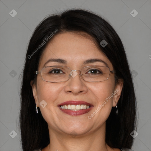 Joyful white adult female with medium  brown hair and brown eyes