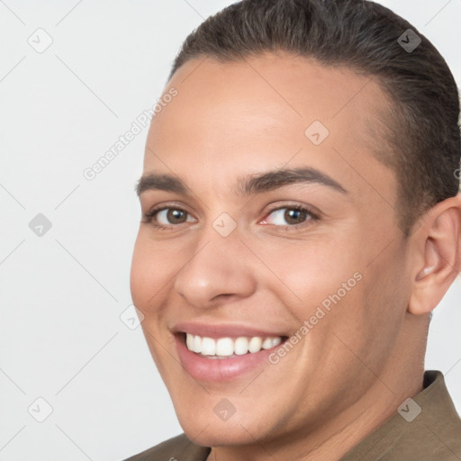 Joyful white young-adult male with short  brown hair and brown eyes