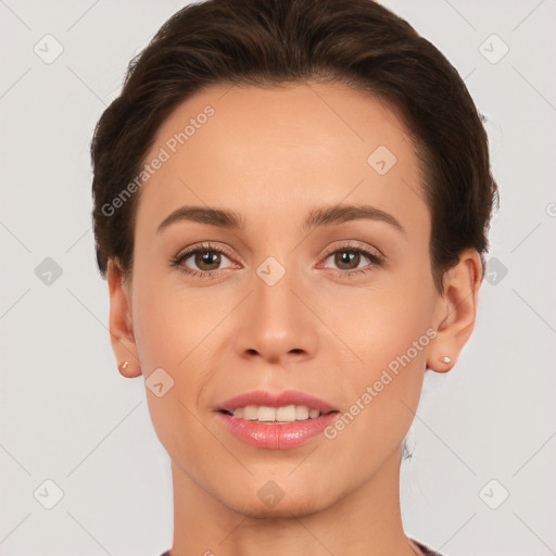 Joyful white young-adult female with short  brown hair and brown eyes