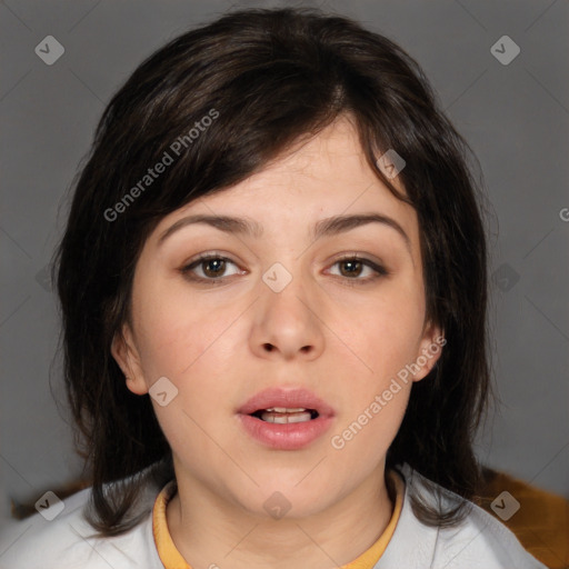 Neutral white young-adult female with medium  brown hair and brown eyes