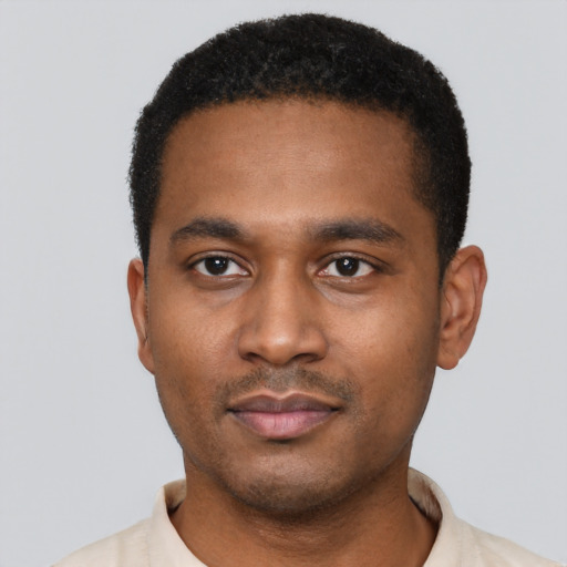 Neutral black young-adult male with short  black hair and brown eyes