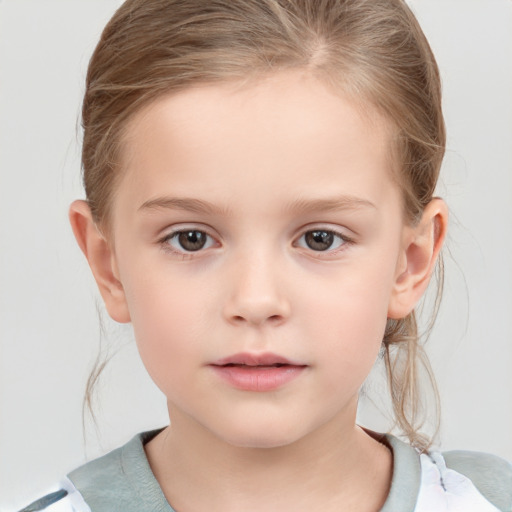 Neutral white child female with medium  brown hair and grey eyes