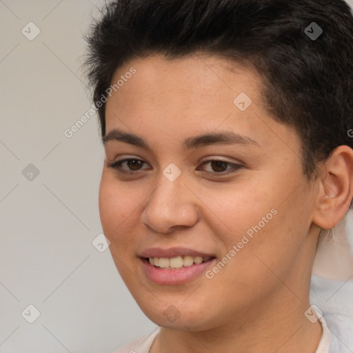 Joyful white young-adult female with short  brown hair and brown eyes