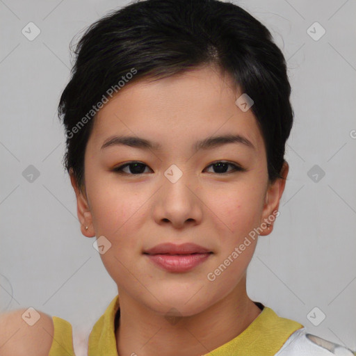 Joyful asian young-adult female with short  black hair and brown eyes