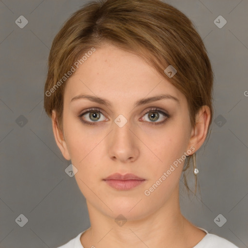 Neutral white young-adult female with short  brown hair and brown eyes