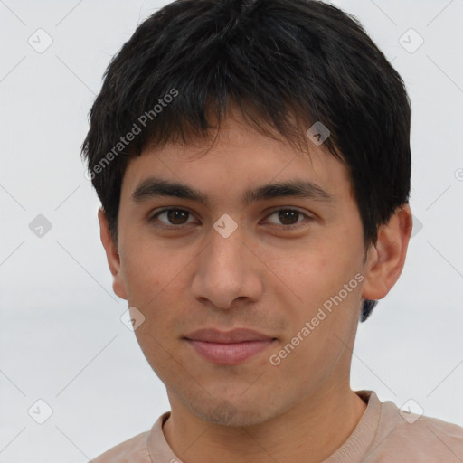 Joyful asian young-adult male with short  brown hair and brown eyes