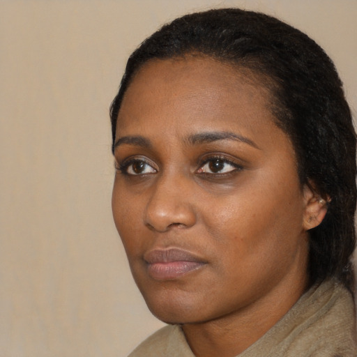 Neutral black young-adult female with short  black hair and brown eyes