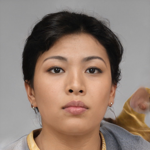 Neutral asian young-adult female with short  brown hair and brown eyes