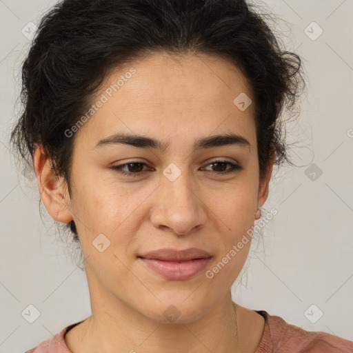 Joyful latino young-adult female with short  brown hair and brown eyes