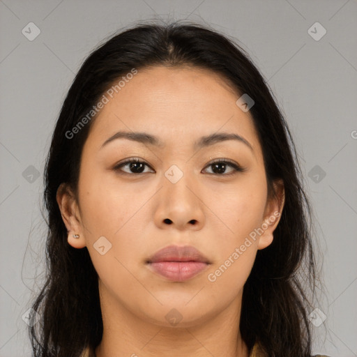 Neutral asian young-adult female with long  brown hair and brown eyes