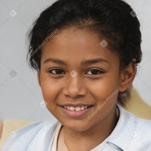 Joyful white child female with short  brown hair and brown eyes