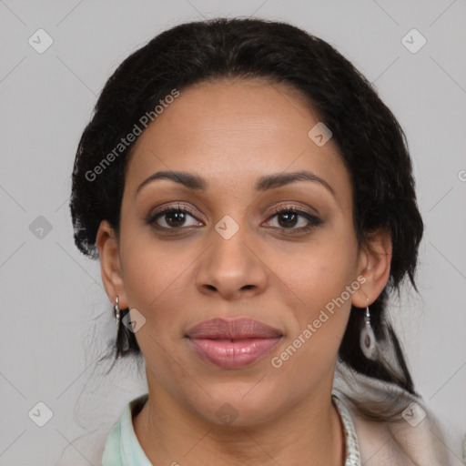 Joyful latino young-adult female with medium  black hair and brown eyes