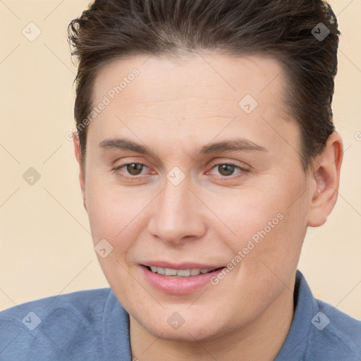 Joyful white young-adult male with short  brown hair and brown eyes