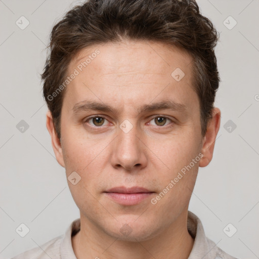 Neutral white young-adult male with short  brown hair and grey eyes