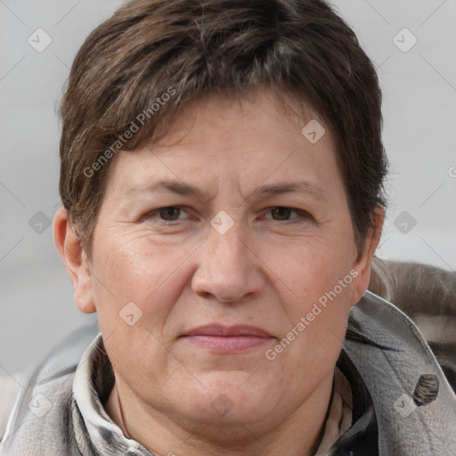 Joyful white adult female with short  brown hair and brown eyes