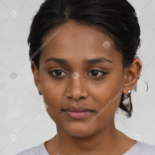 Neutral black young-adult female with short  black hair and brown eyes