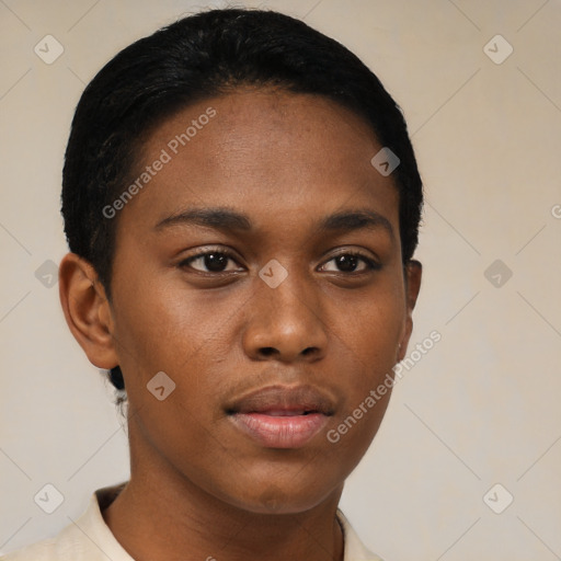 Neutral black young-adult female with short  black hair and brown eyes