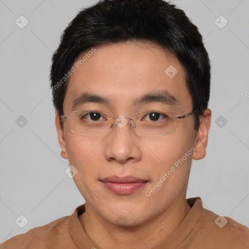 Neutral asian young-adult male with short  black hair and brown eyes