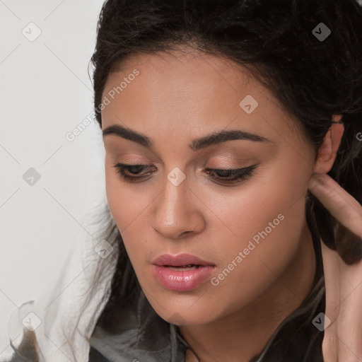 Neutral white young-adult female with long  brown hair and brown eyes