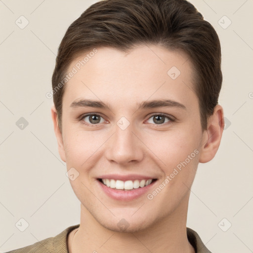 Joyful white young-adult female with short  brown hair and brown eyes